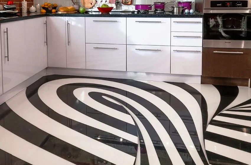 Динамичное изображение на полу в кухонном помещении